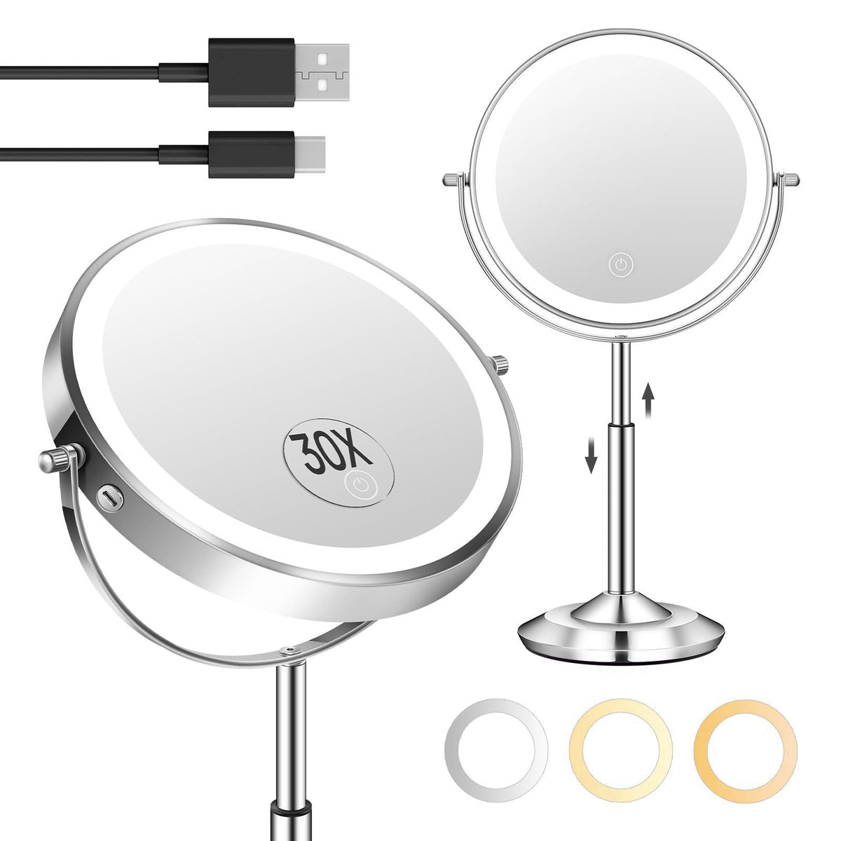 vpu 1X/30X 8" Magnifying Makeup Mirror with Lights Height Adjustable for Desk – alternate angle
