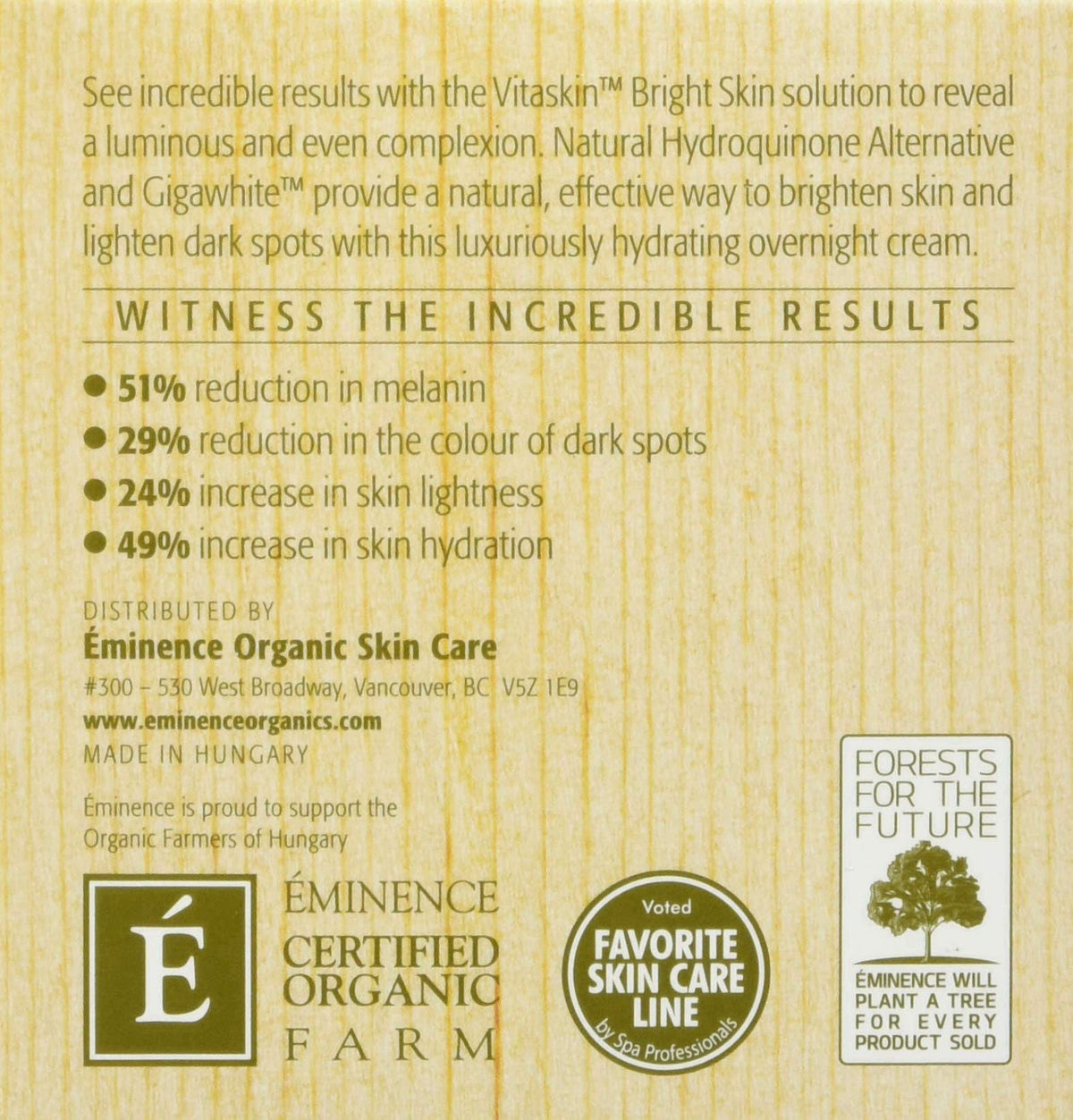 Eminence Bright Skin Overnight Correcting Cream for Unisex - 2 oz Cream – back view and specifications
