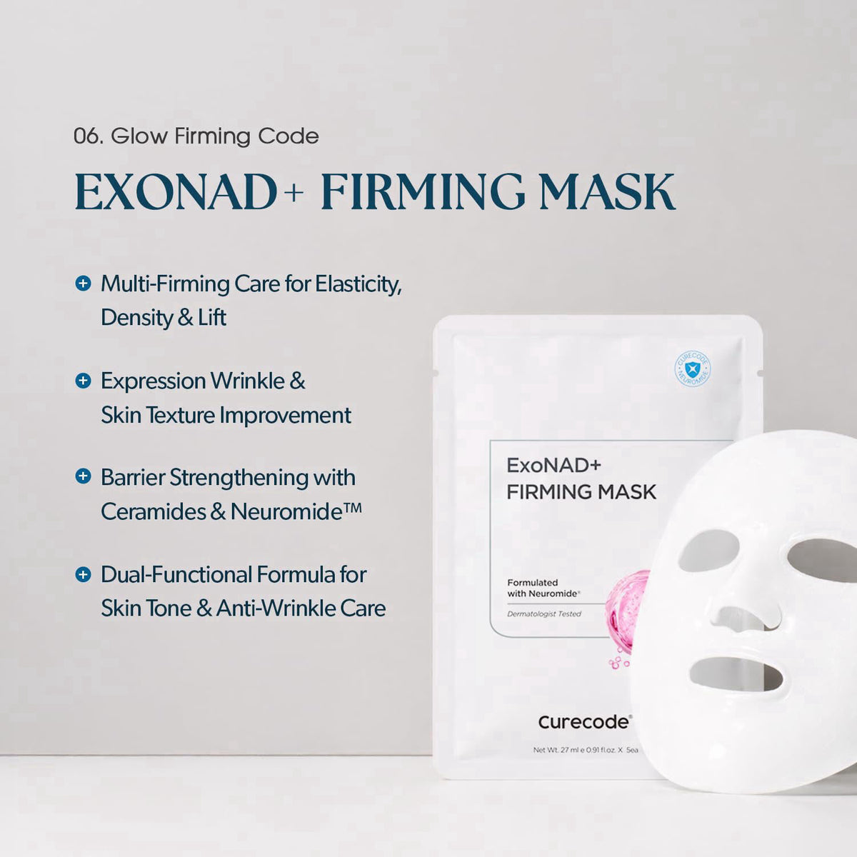 CURECODE ExoNAD+ Firming Mask 27ml x 5EA, Visible Hydration & Radiance, Skin Elasticity & Brightening, Contains Neuromid