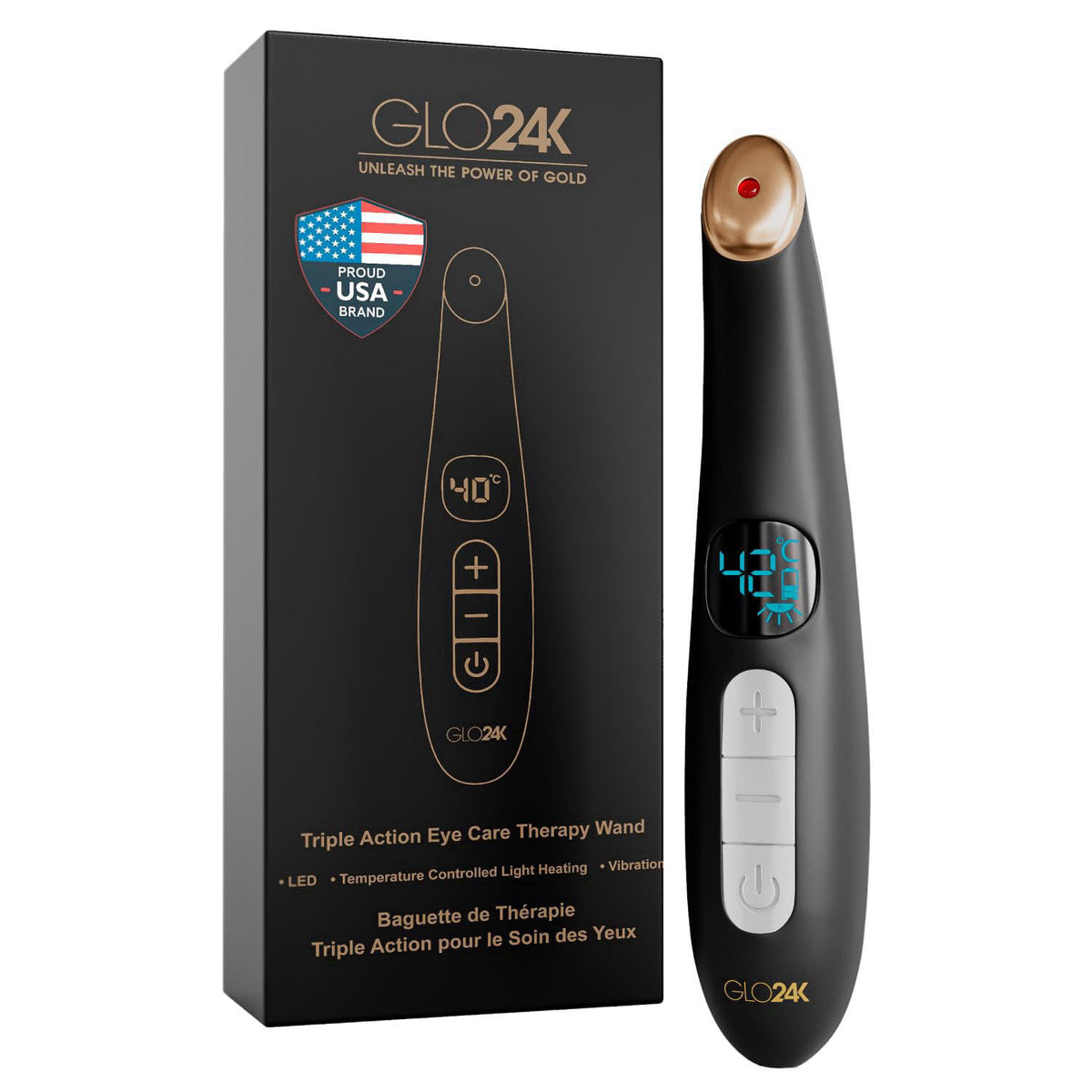 GLO24K UNLEASH THE POWER OF GOLD GLO24K Heated Eye Massager Wand with Vibration for Under-Eye Care – Eyes, Plastic
