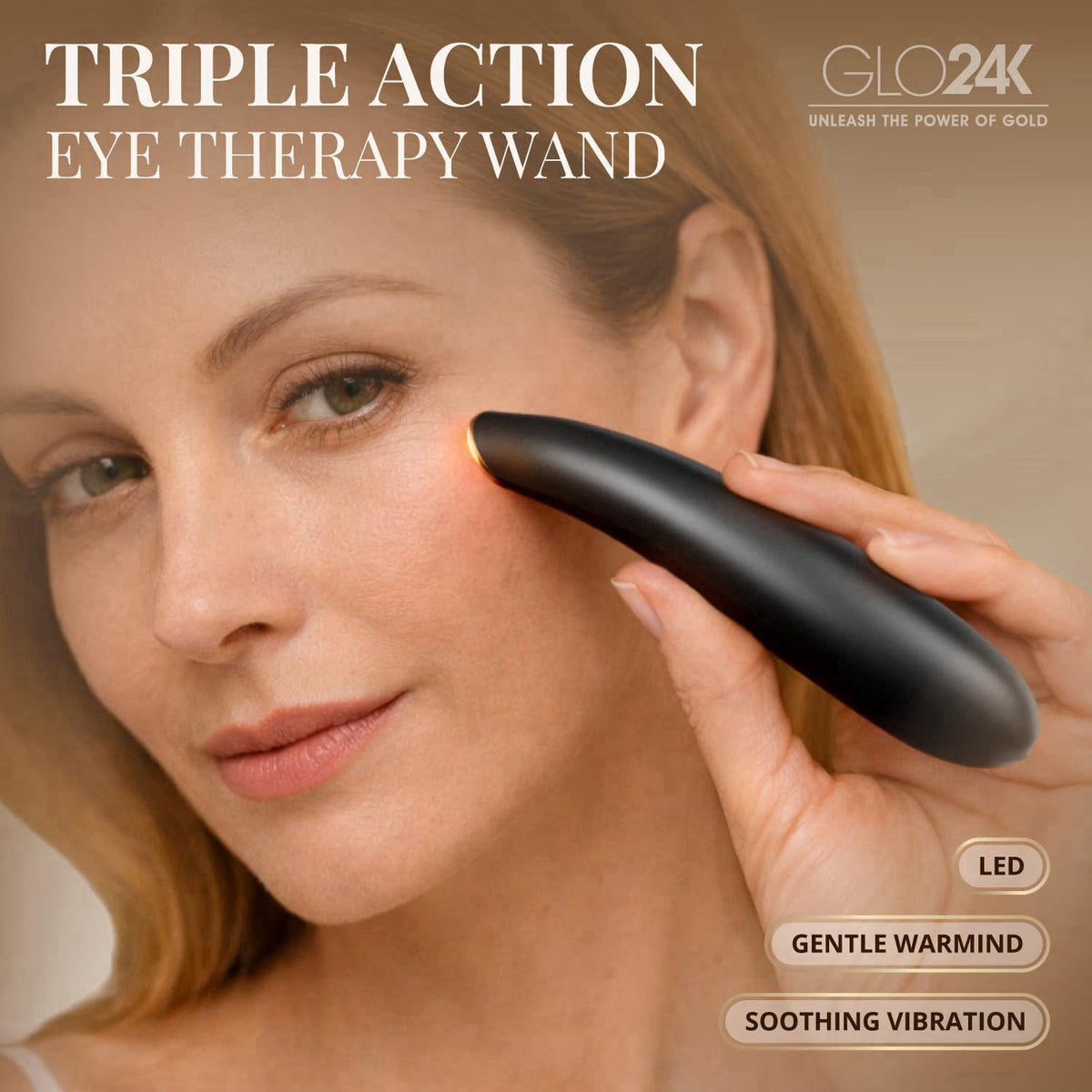GLO24K UNLEASH THE POWER OF GOLD GLO24K Heated Eye Massager Wand with Vibration for Under-Eye Care – close-up detail in 