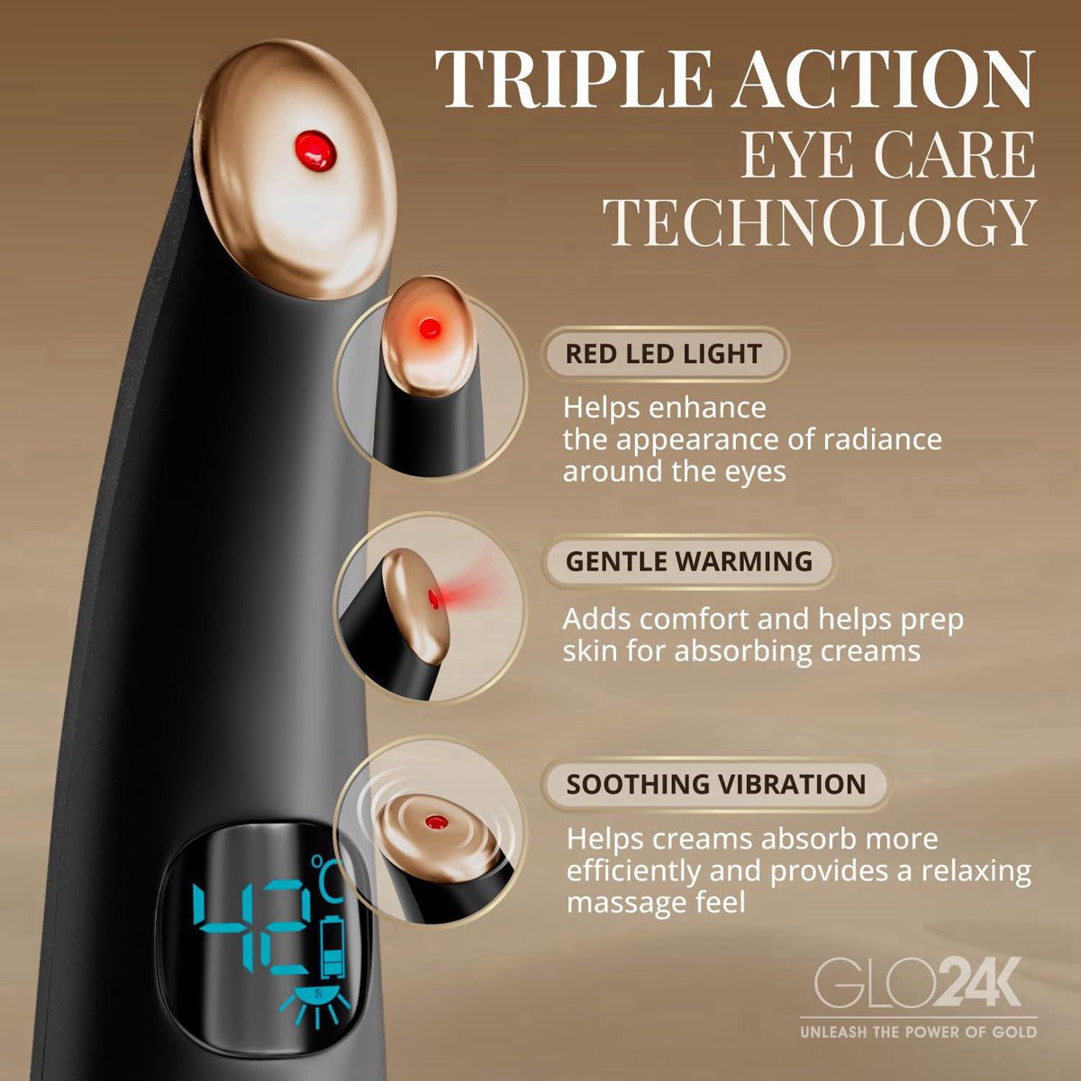 GLO24K UNLEASH THE POWER OF GOLD GLO24K Heated Eye Massager Wand with Vibration for Under-Eye Care – full view