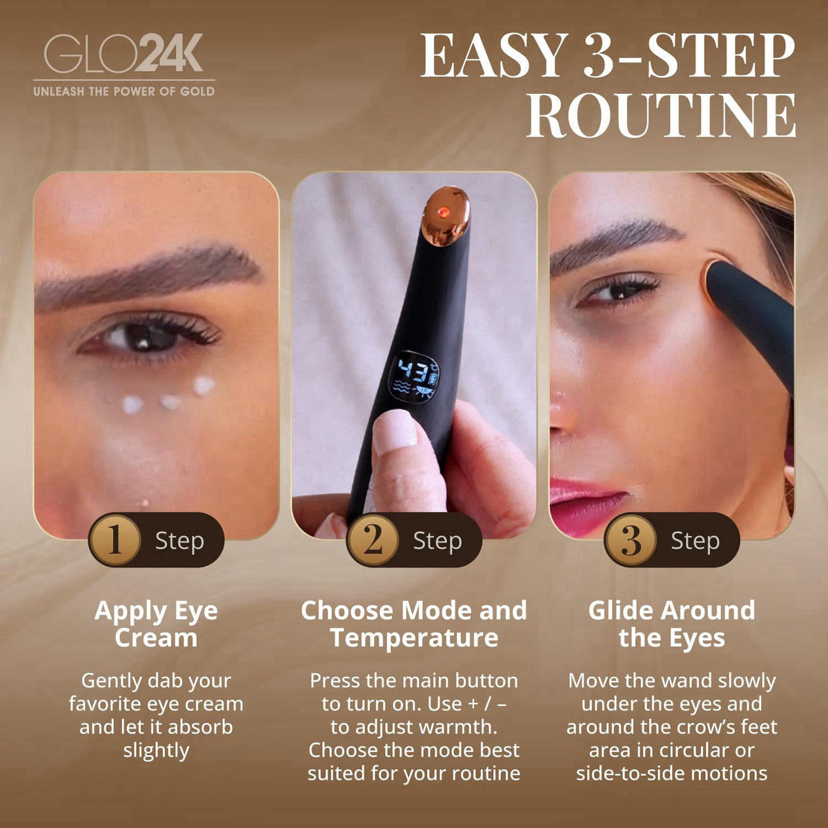 GLO24K UNLEASH THE POWER OF GOLD GLO24K Heated Eye Massager Wand with Vibration for Under-Eye Care – back view and speci