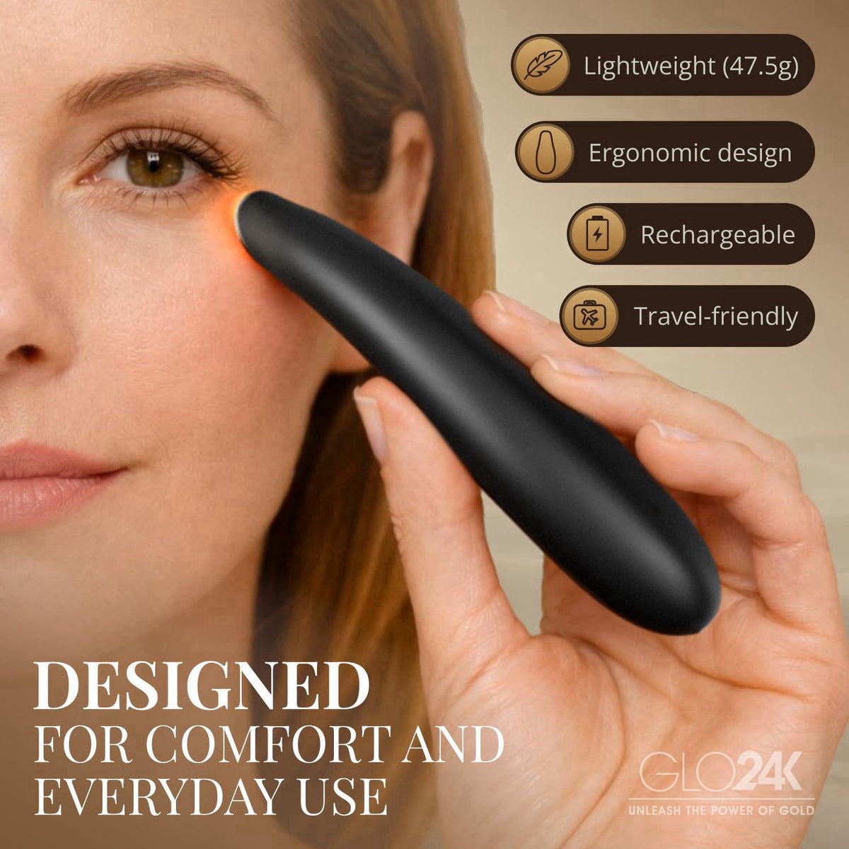 GLO24K UNLEASH THE POWER OF GOLD GLO24K Heated Eye Massager Wand with Vibration for Under-Eye Care – alternate angle
