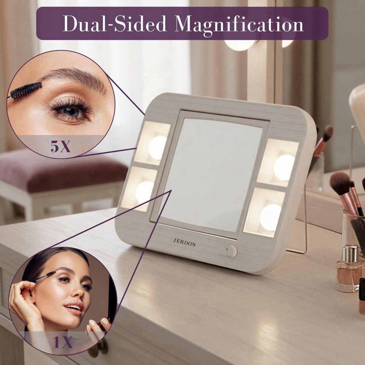 JERDON Lighted Makeup Mirror with 5X Magnification - White - J1015 – packaging and label