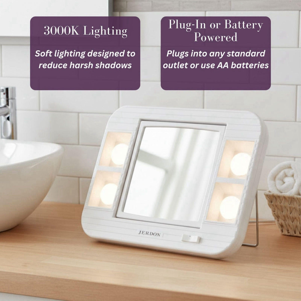 JERDON Lighted Makeup Mirror with 5X Magnification - White - J1015 – full view