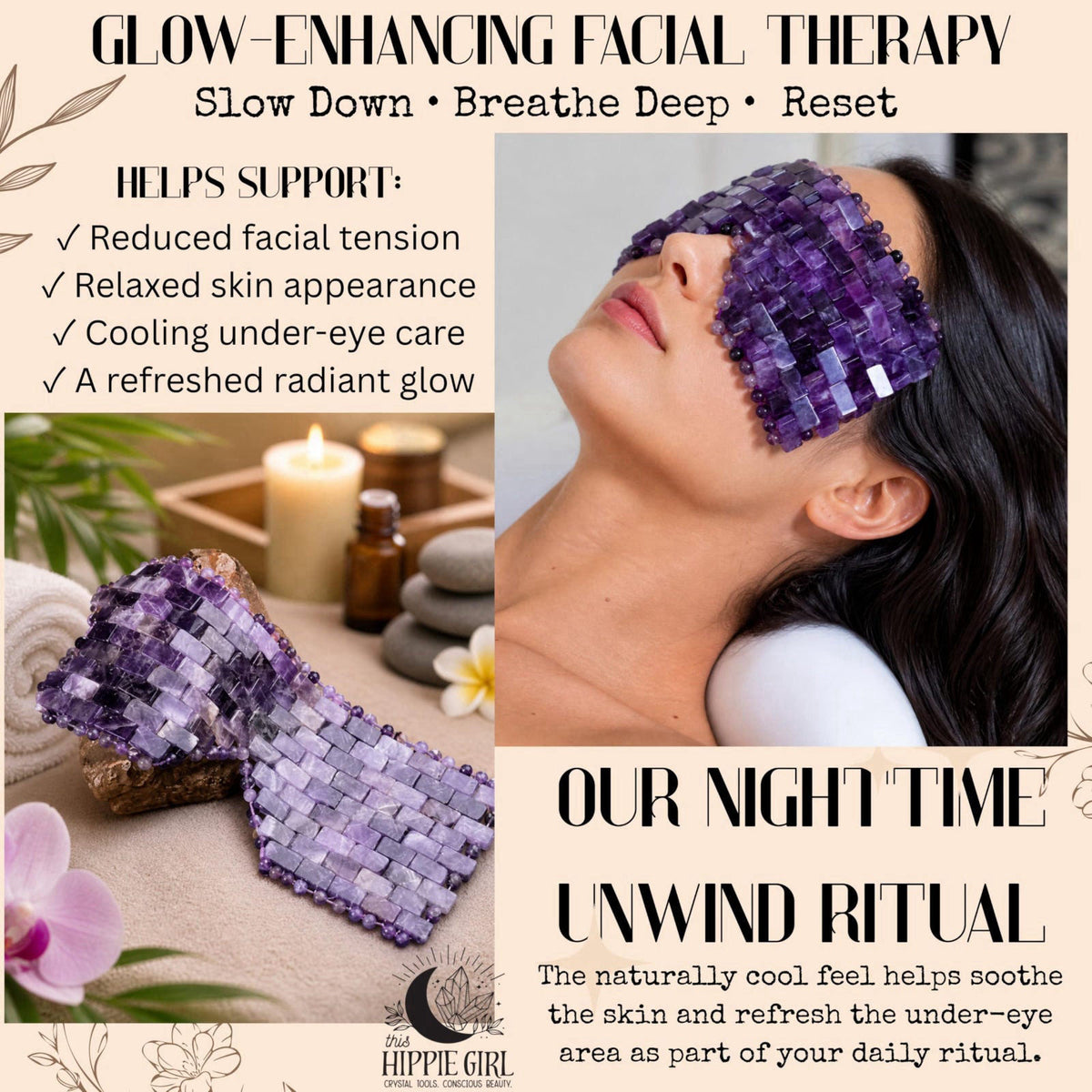 Boho Aromatic This Hippie Girl Amethyst Eye Mask – Natural Crystal Facial Mask for Puffiness, Dark Circles & Tension Rel