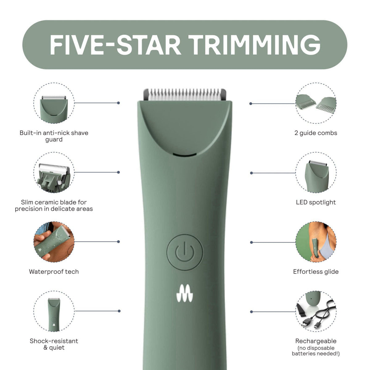 MERIDIAN The Slimmer Trimmer | Waterproof Bikini Trimmer for Women | Sage – close-up detail in Sage