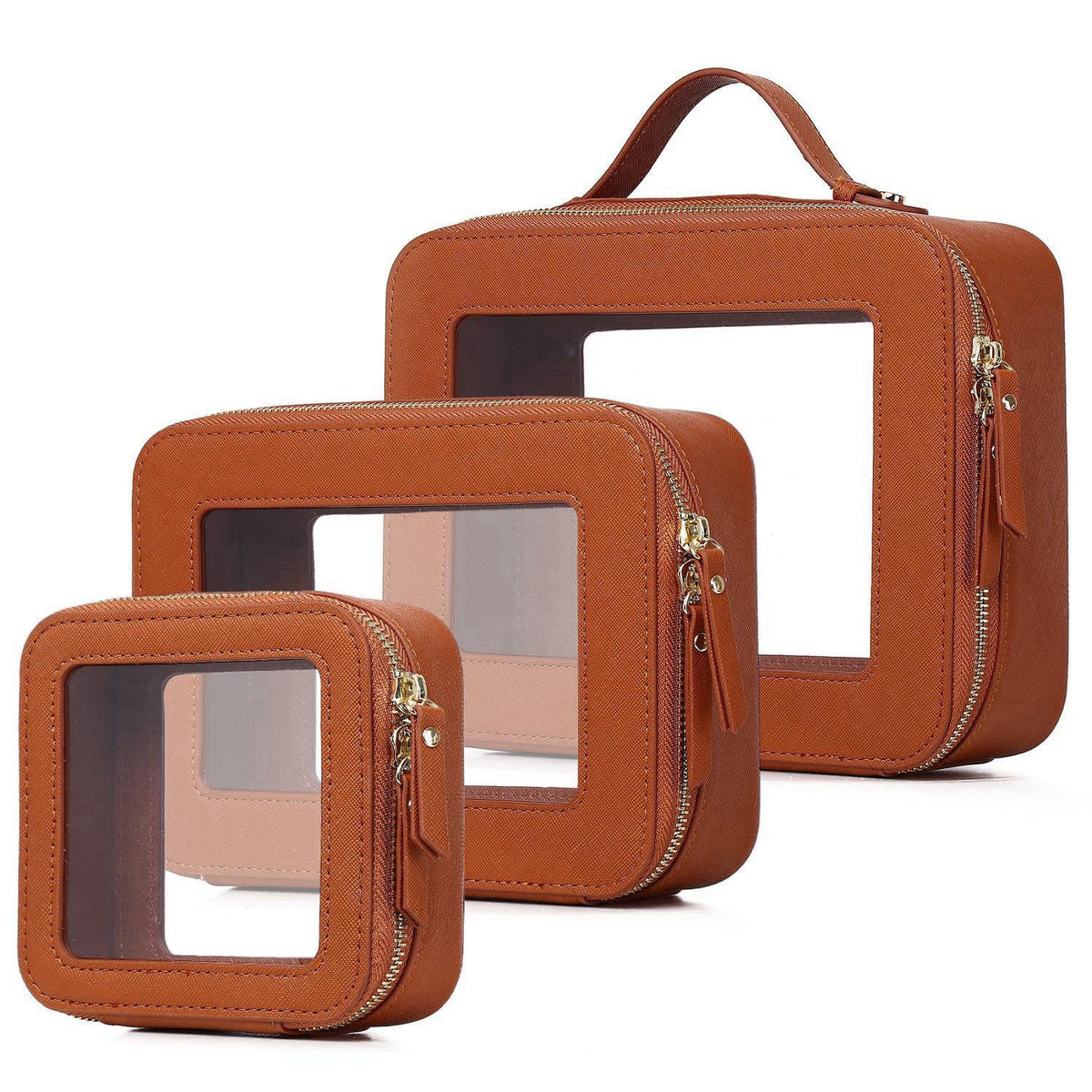 LOFOWN Clear Makeup Bag Set (Brown, L+M+MINI) – B3/Brown, Faux Leather