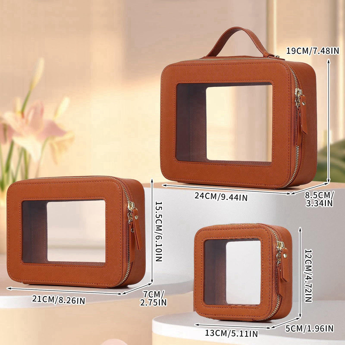 LOFOWN Clear Makeup Bag Set (Brown, L+M+MINI) – back view and specifications