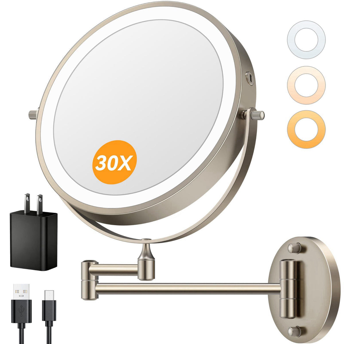 Auxmir 9″ 5000mAh 1X/30X Wall Mounted Lighted Magnifying Makeup Mirror – Nickel Nickel Nickel Chrome Nickel Chrome Nicke