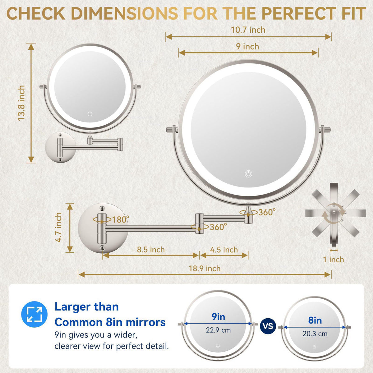Auxmir 9″ 5000mAh 1X/30X Wall Mounted Lighted Magnifying Makeup Mirror – close-up detail in Nickel Nickel Nickel Chrome 