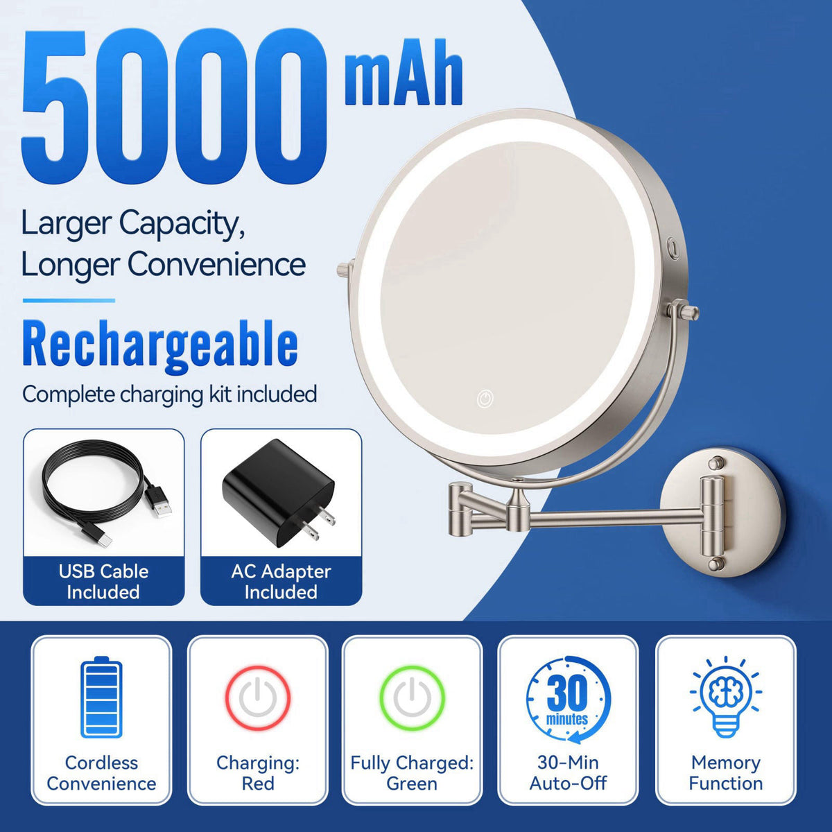 Auxmir 9″ 5000mAh 1X/30X Wall Mounted Lighted Magnifying Makeup Mirror – full view, size 9'' 8'' 8&#