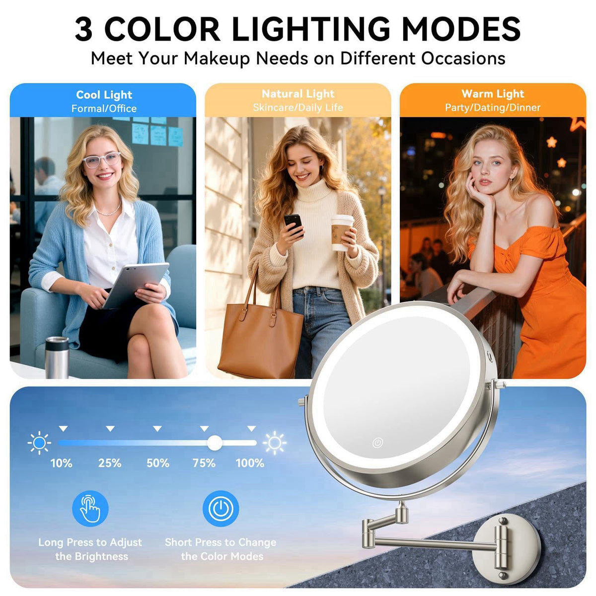 Auxmir 9″ 5000mAh 1X/30X Wall Mounted Lighted Magnifying Makeup Mirror – back view and specifications