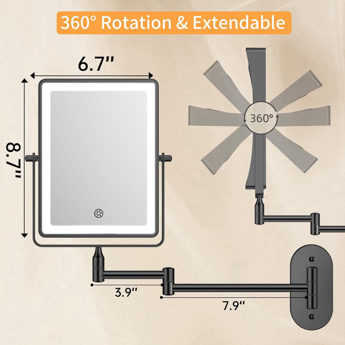 FUNTOUCH 5000mAh Rechargeable Wall Mounted Makeup Mirror with Lights – close-up detail in Black