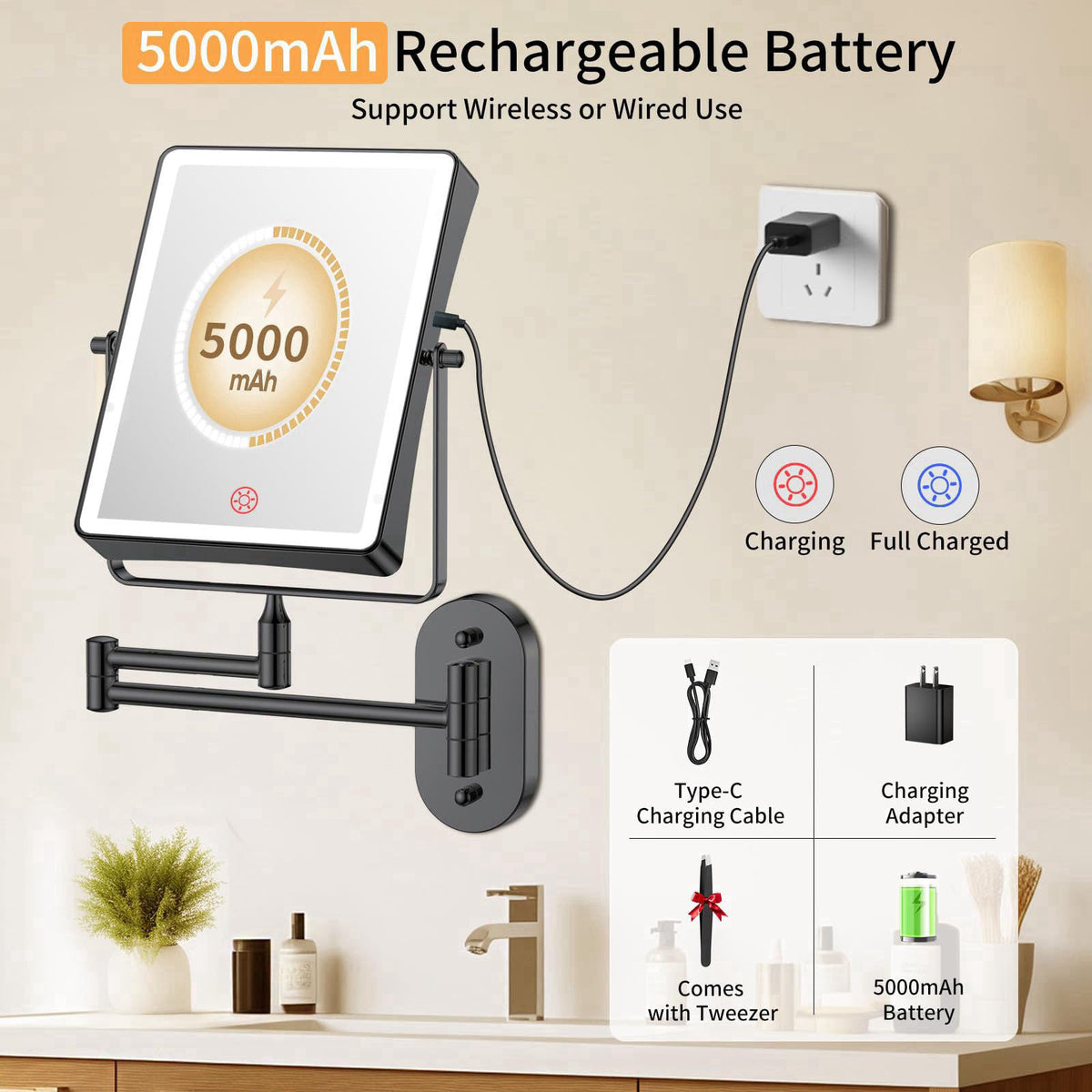 FUNTOUCH 5000mAh Rechargeable Wall Mounted Makeup Mirror with Lights – packaging and label