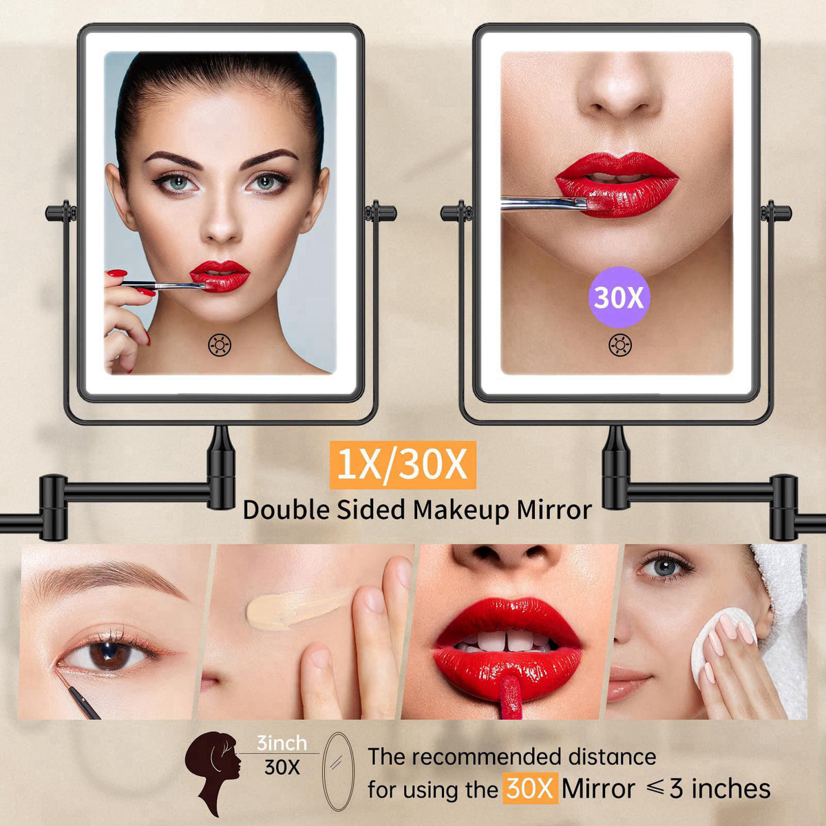 FUNTOUCH 5000mAh Rechargeable Wall Mounted Makeup Mirror with Lights – full view