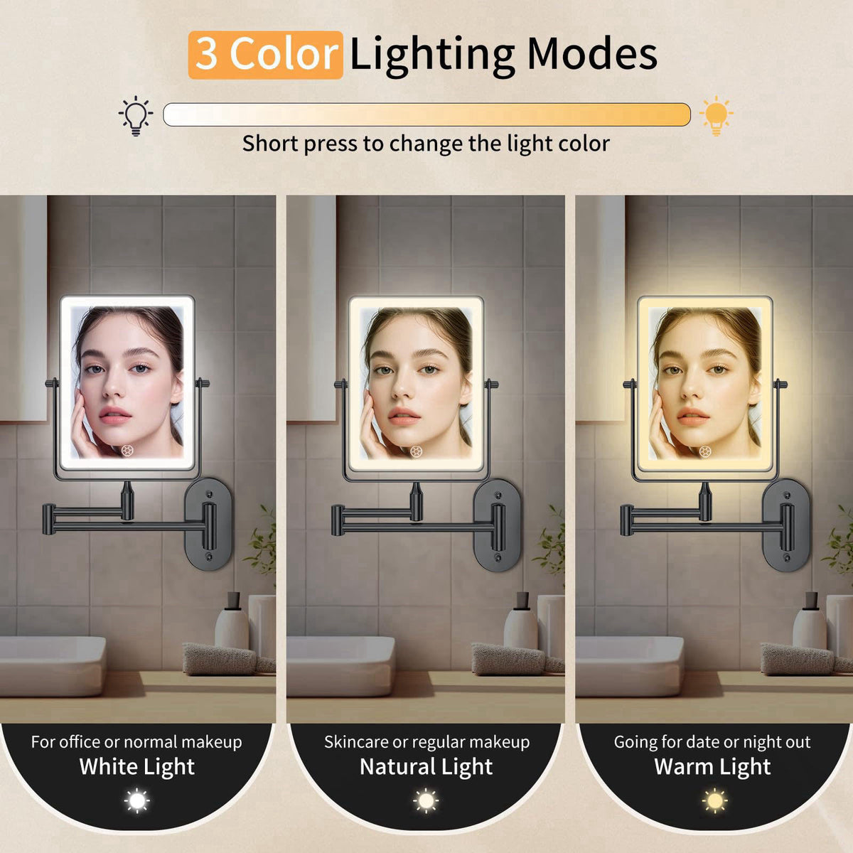 FUNTOUCH 5000mAh Rechargeable Wall Mounted Makeup Mirror with Lights – alternate angle