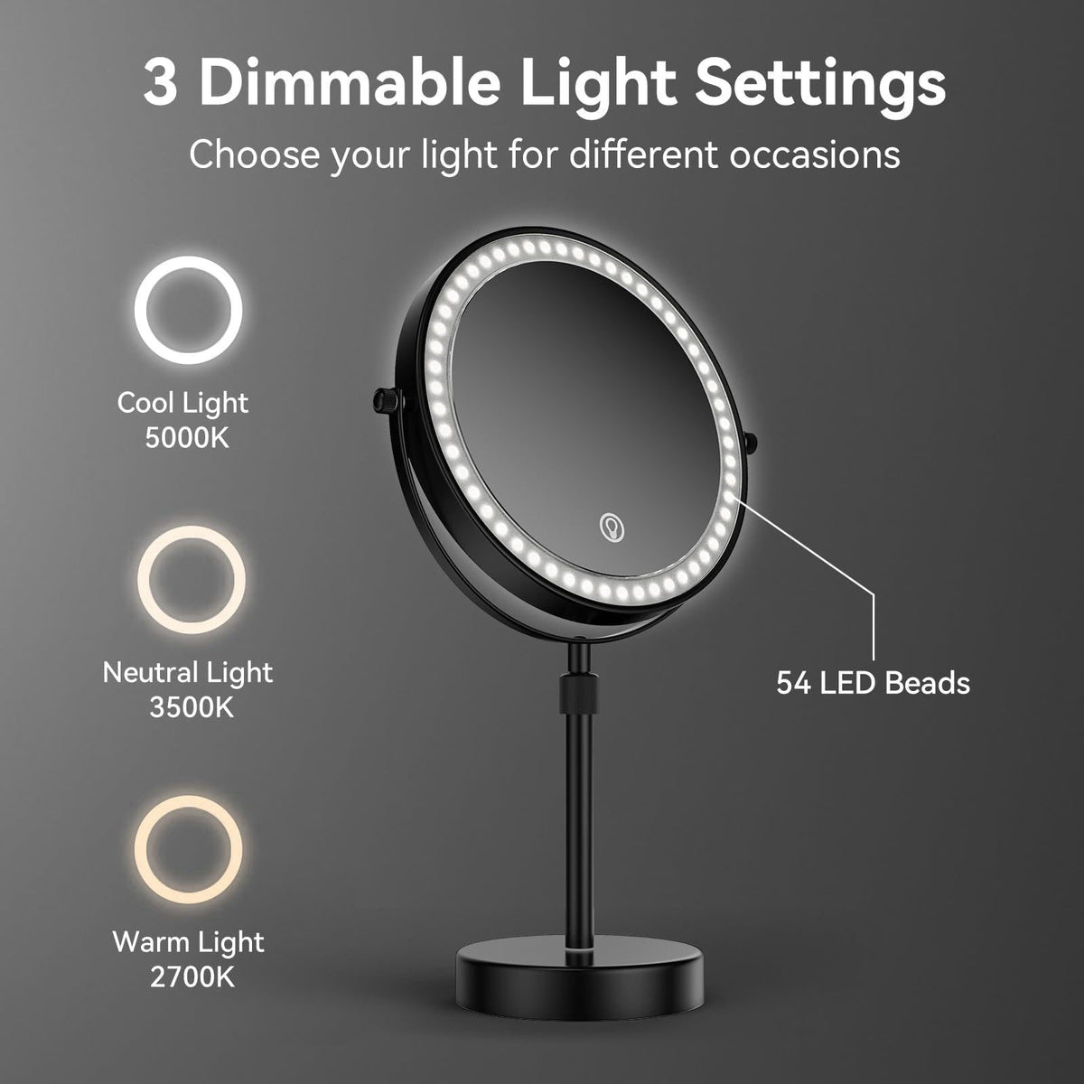 Nicesail Magnifying Lighted Makeup Mirror Height Adjustable – back view and specifications