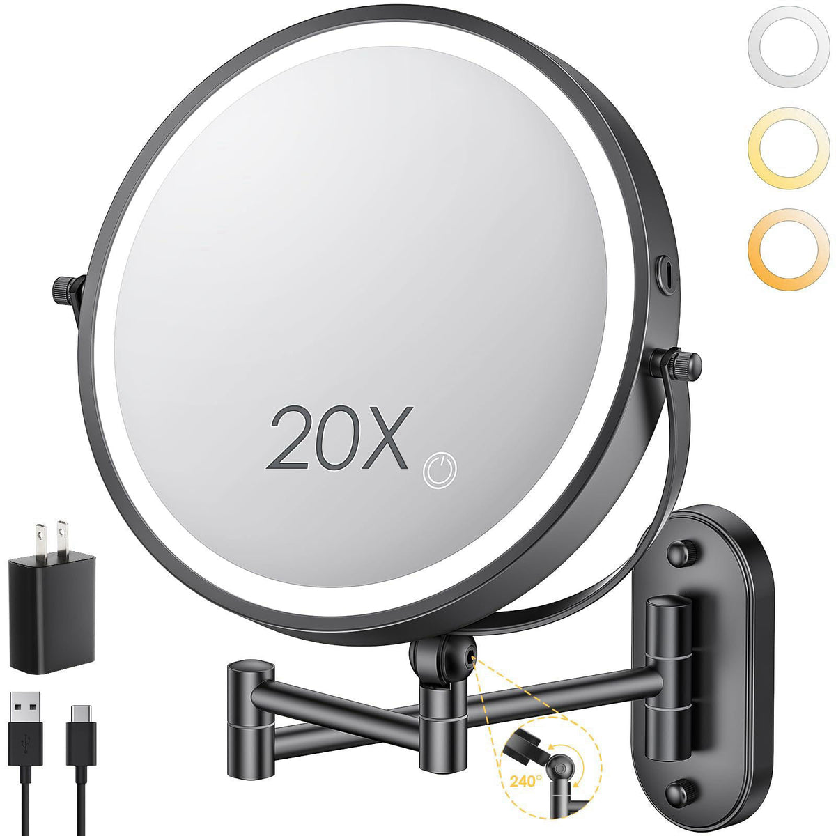 ZLOKLA 9" Wall Mounted Lighted Makeup Mirror,4000mAh Rechargeable Double Sided 1X/20X Magnifying Mirror with Light,T