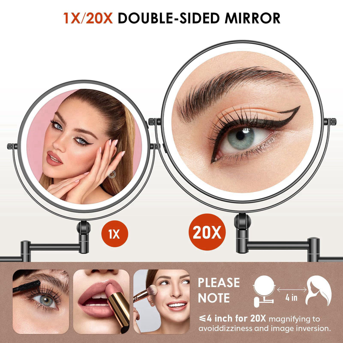 ZLOKLA 9" Wall Mounted Lighted Makeup Mirror,4000mAh Rechargeable Double Sided 1X/20X Magnifying Mirror with Light,T