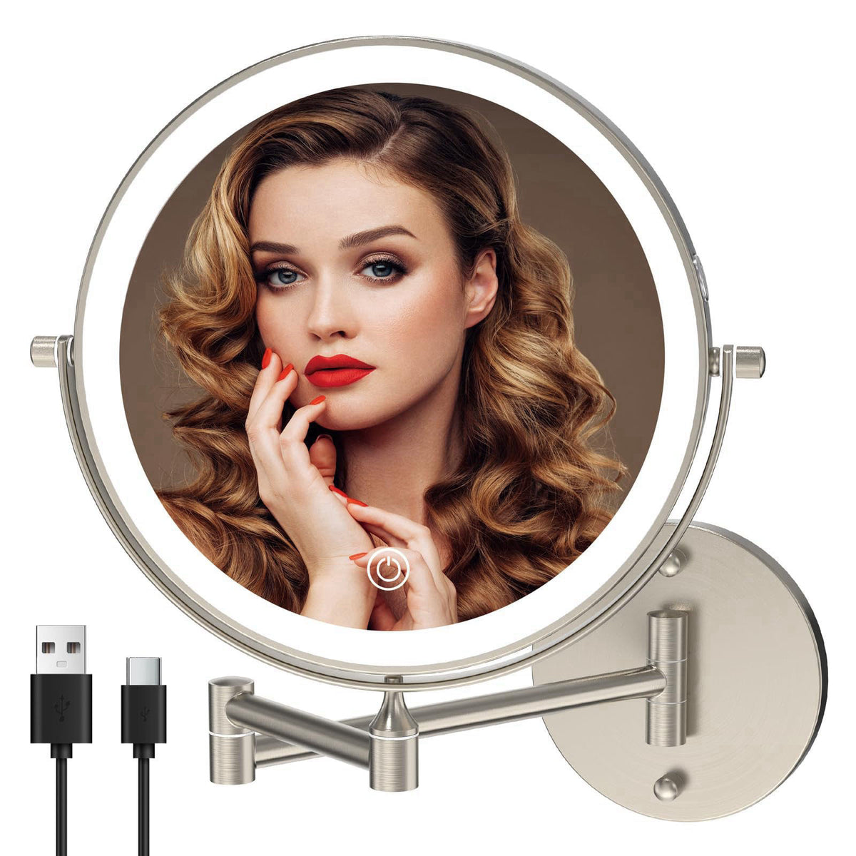 MIROAMZ 8" Wall Mounted Lighted Makeup Mirror, 1X/10X, Brushed Nickel – Yes Yes Yes Yes Yes, Alloy Steel, 8 INCH 8 I