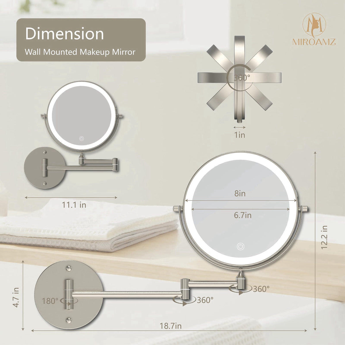 MIROAMZ 8" Wall Mounted Lighted Makeup Mirror, 1X/10X, Brushed Nickel – close-up detail in Yes Yes Yes Yes Yes