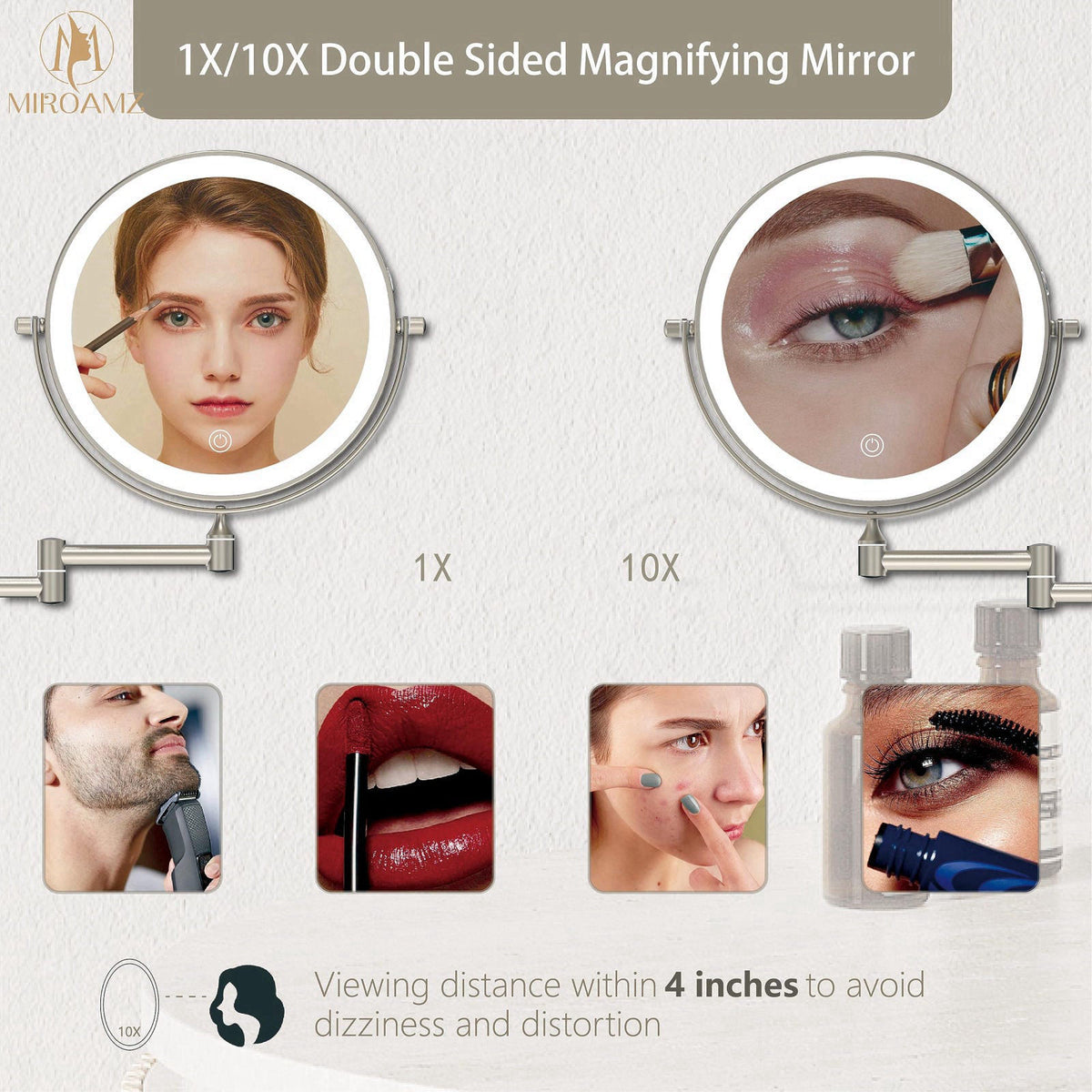 MIROAMZ 8" Wall Mounted Lighted Makeup Mirror, 1X/10X, Brushed Nickel – packaging and label