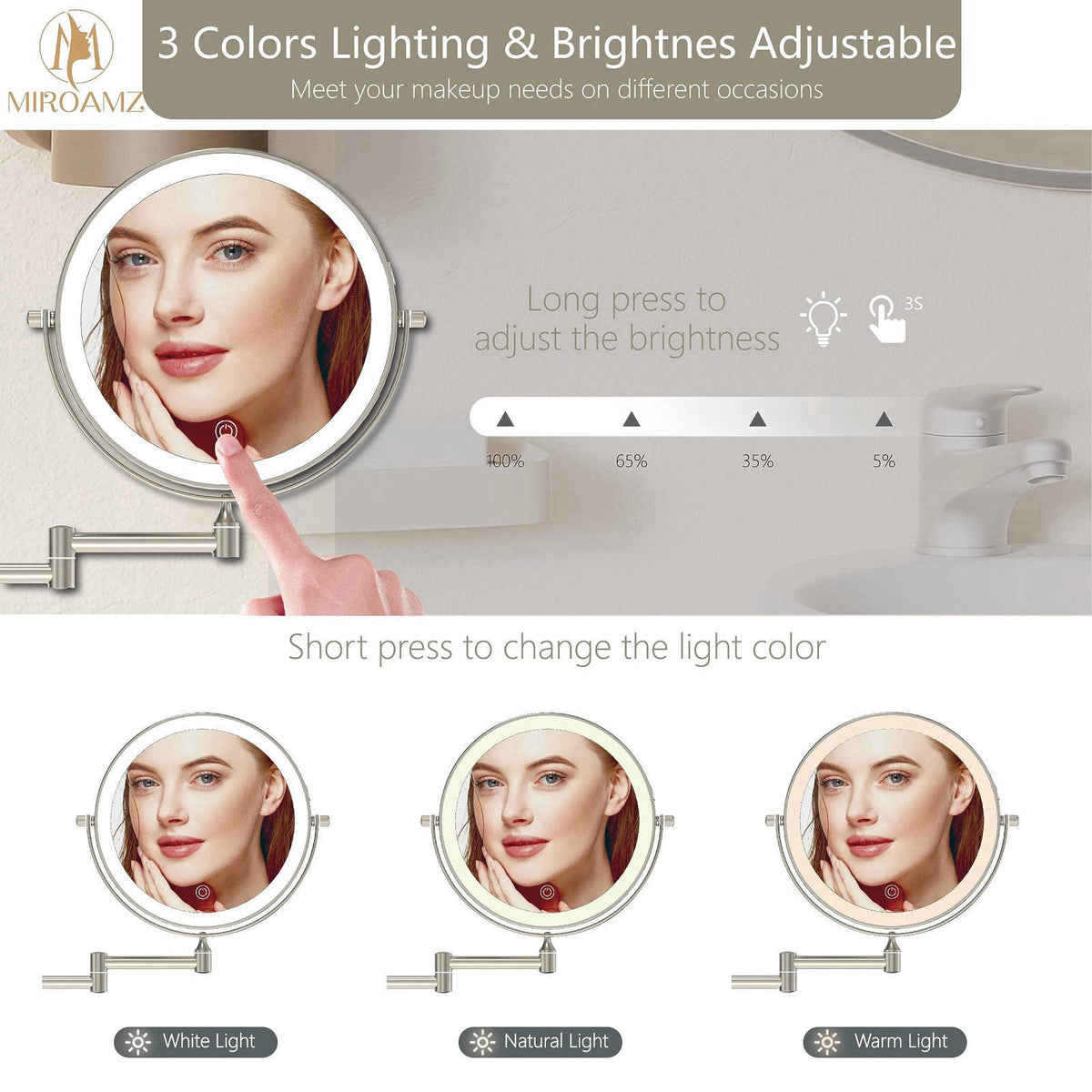 MIROAMZ 8" Wall Mounted Lighted Makeup Mirror, 1X/10X, Brushed Nickel – full view, size 8 INCH 8 INCH 8 INCH 8 INCH 