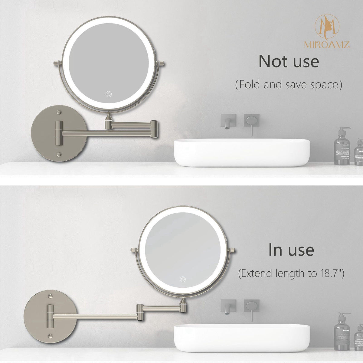 MIROAMZ 8" Wall Mounted Lighted Makeup Mirror, 1X/10X, Brushed Nickel – back view and specifications