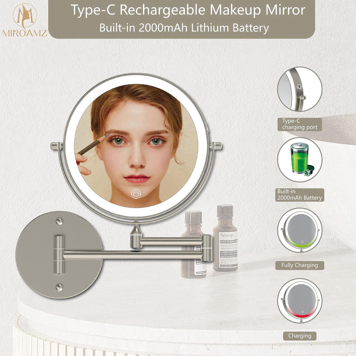 MIROAMZ 8" Wall Mounted Lighted Makeup Mirror, 1X/10X, Brushed Nickel – alternate angle