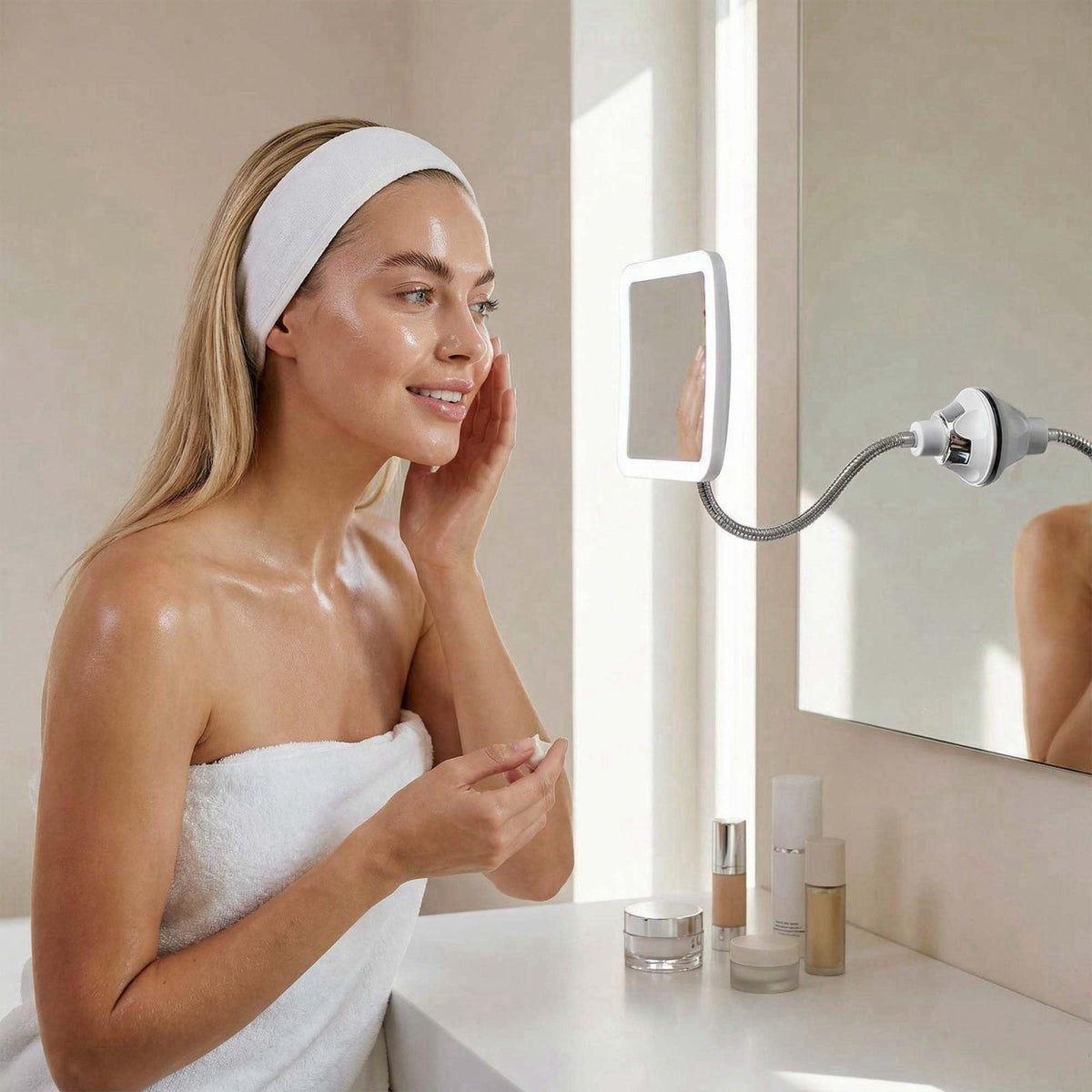 Fancii Flexible Magnifying Mirror 10X with LED Light and Gooseneck, Lighted Travel Makeup Mirror, Lock Suction, Natural 