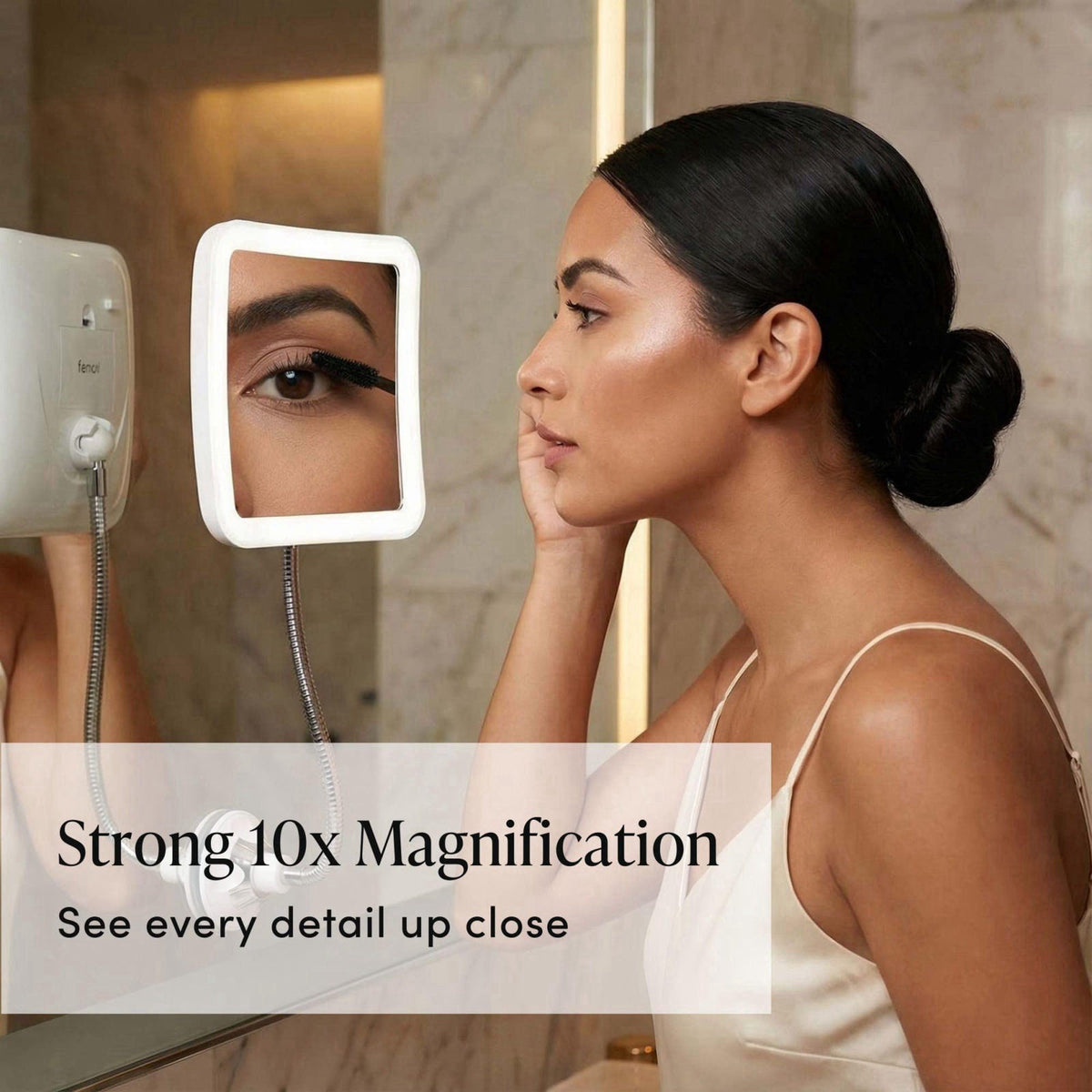Fancii Flexible Magnifying Mirror 10X with LED Light and Gooseneck, Lighted Travel Makeup Mirror, Lock Suction, Natural 