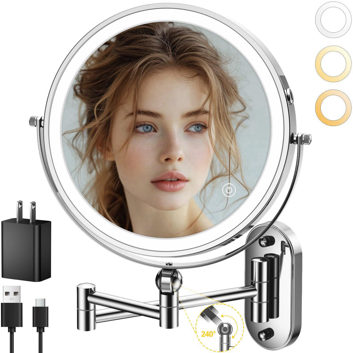 IMIKONA 9" Wall Mounted Lighted Makeup Mirror,4000mAh Rechargeable Double Sided 1X/10X Magnifying Mirror with Light,