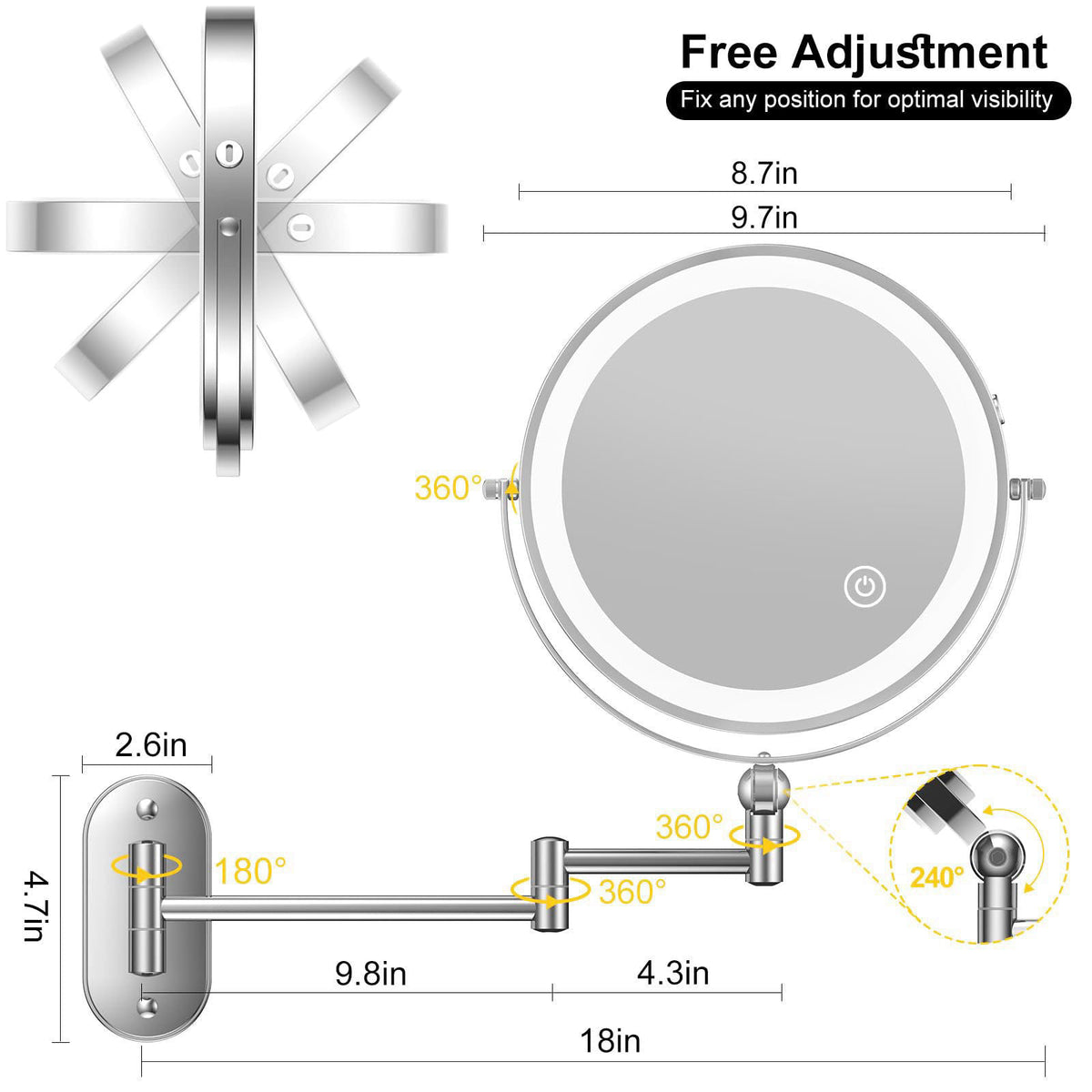 IMIKONA 9" Wall Mounted Lighted Makeup Mirror,4000mAh Rechargeable Double Sided 1X/10X Magnifying Mirror with Light,