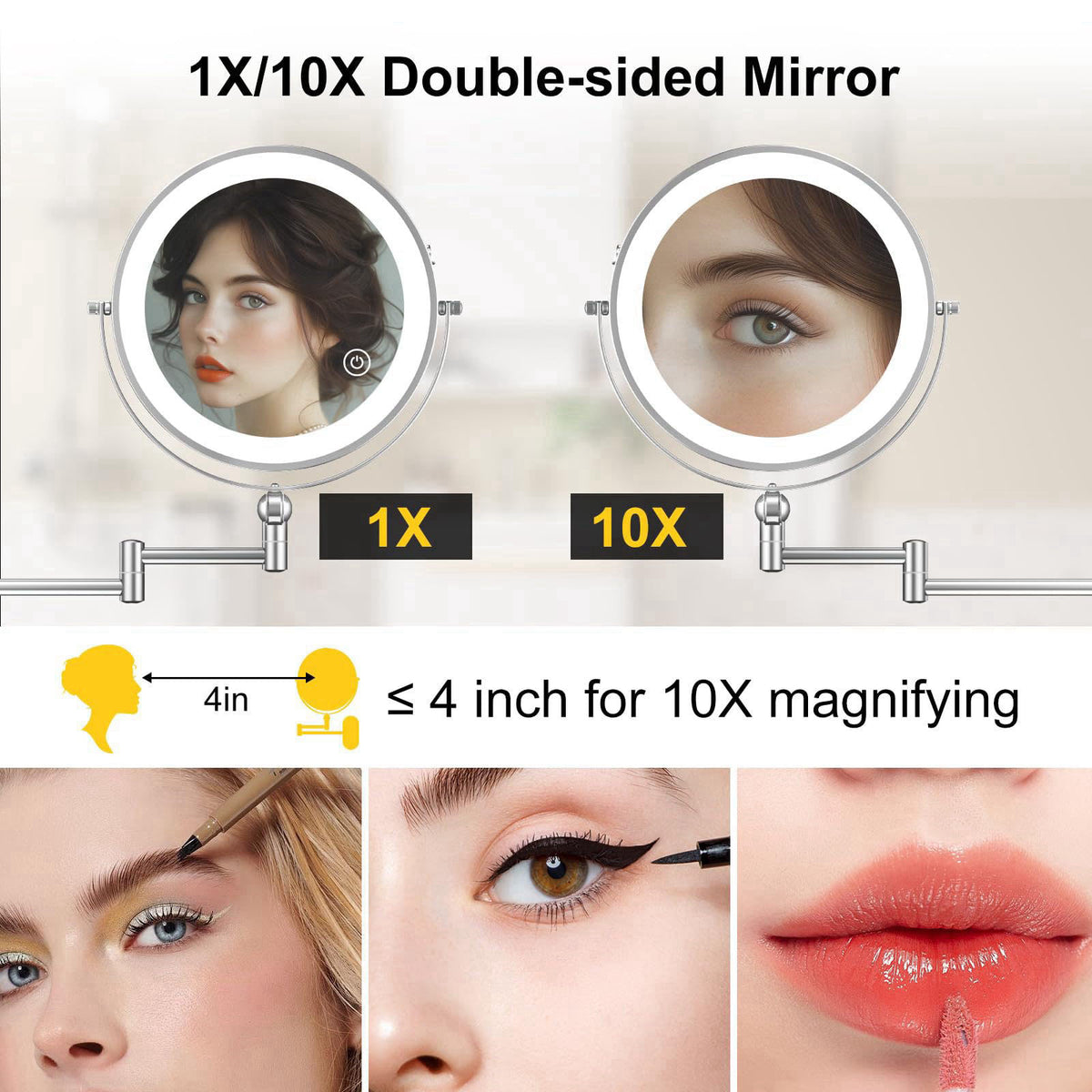 IMIKONA 9" Wall Mounted Lighted Makeup Mirror,4000mAh Rechargeable Double Sided 1X/10X Magnifying Mirror with Light,