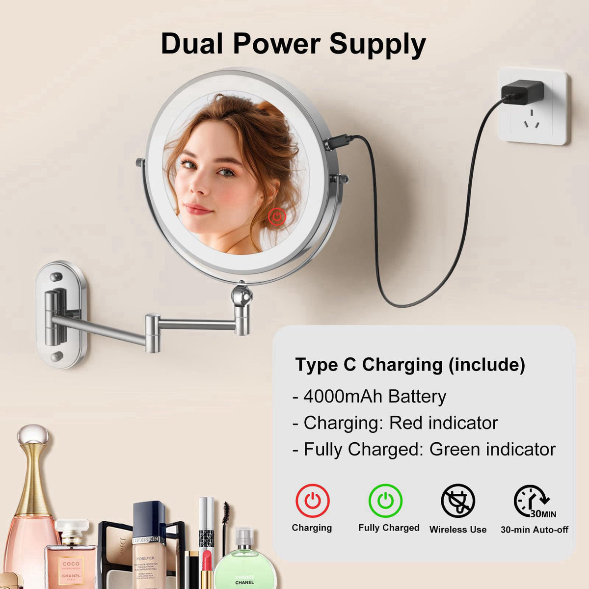 IMIKONA 9" Wall Mounted Lighted Makeup Mirror,4000mAh Rechargeable Double Sided 1X/10X Magnifying Mirror with Light,