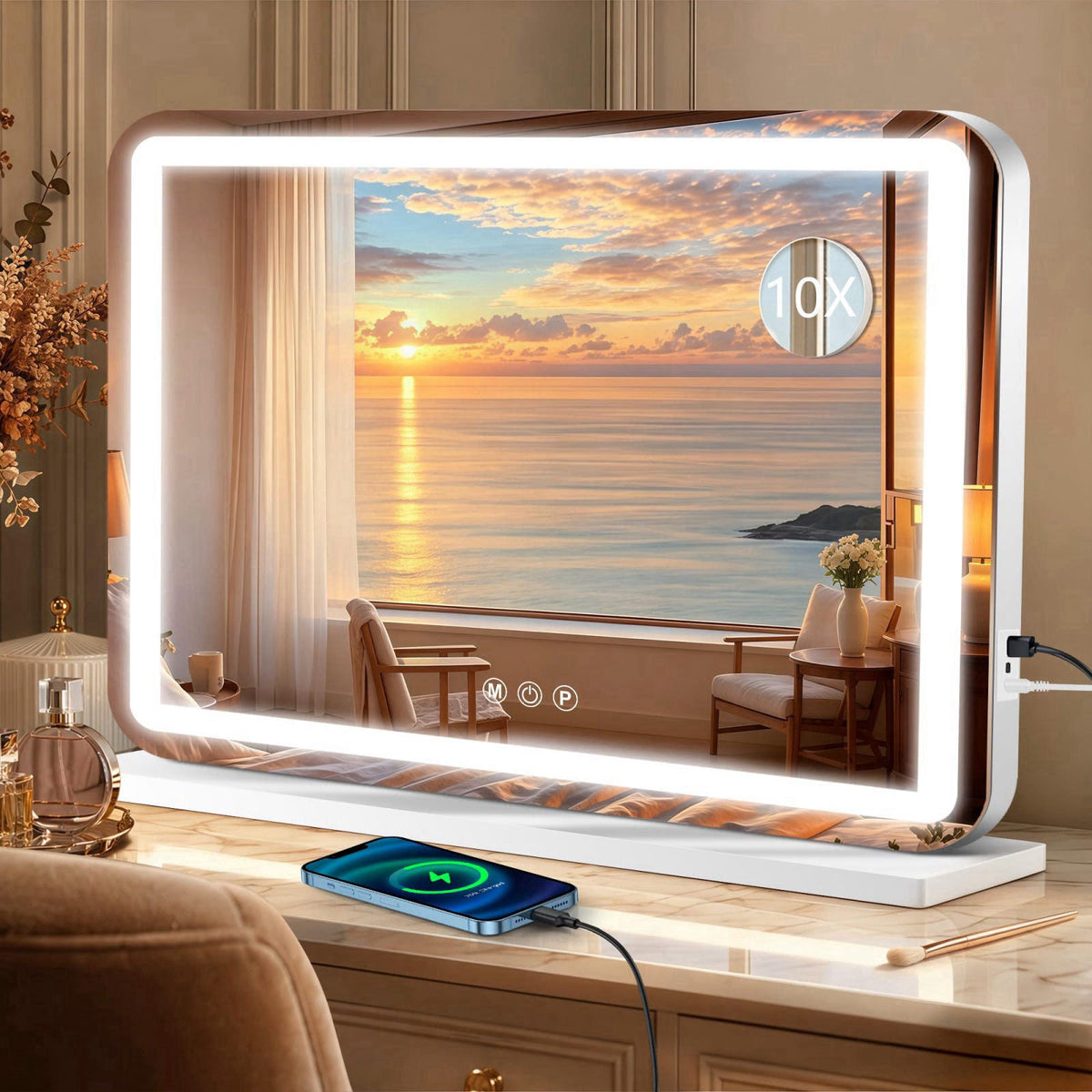 Ratsamee 23" x 18" Vanity Mirror with Lights, Led Lighted Makeup Mirror with 3 Color Dimmable Lights, Touch Cont