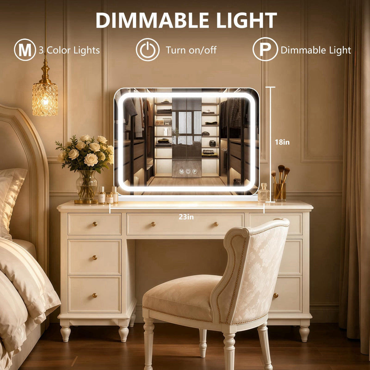Ratsamee 23" x 18" Vanity Mirror with Lights, Led Lighted Makeup Mirror with 3 Color Dimmable Lights, Touch Cont