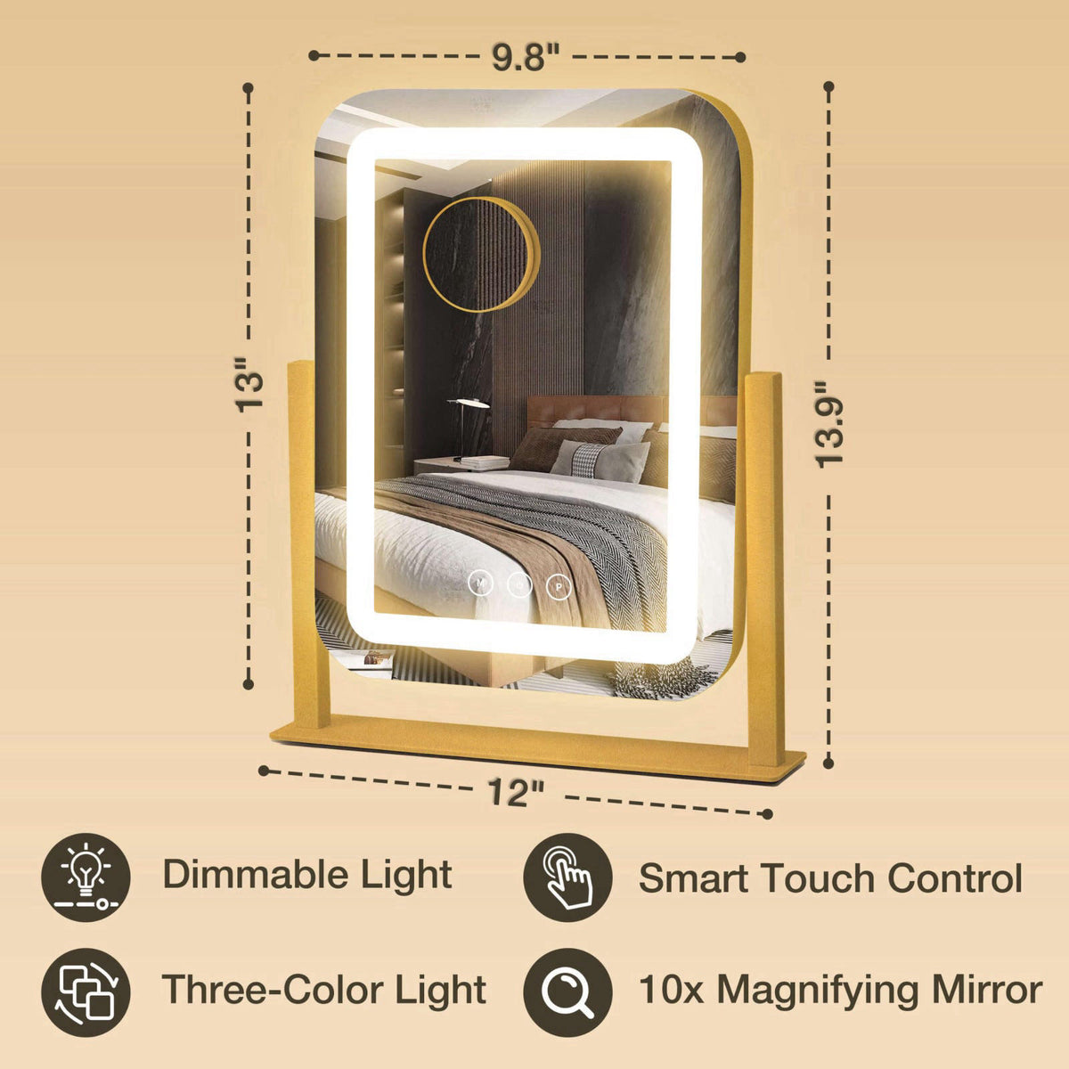 Shinerva 12"×13.9" Vanity Mirror with Lights, LED Makeup Mirror – close-up detail