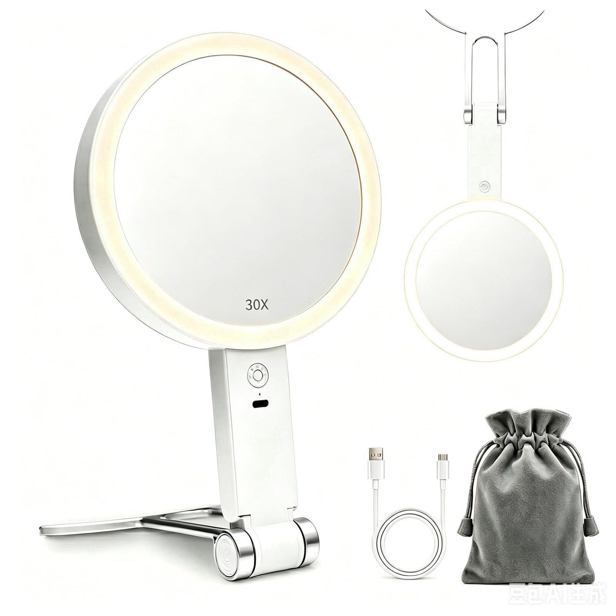 SANYCASA Travel Makeup Mirror with Lights, Rechargeable 30X/1X Double-Sided Magnifying Mirror, 64 LED 3 Color Dimmable, 