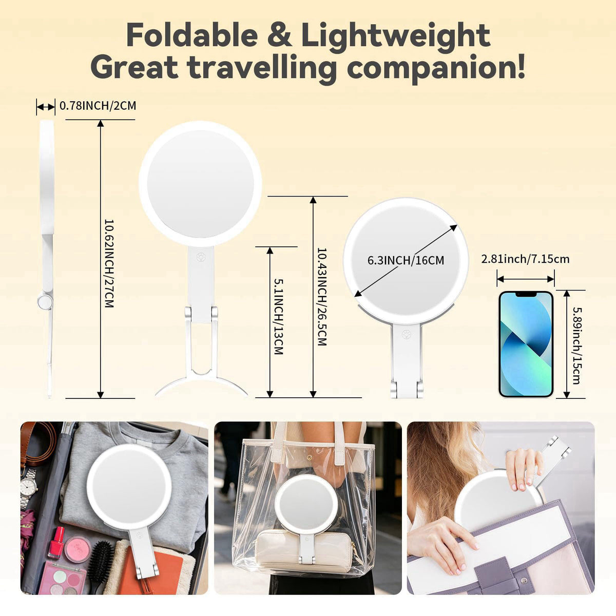 SANYCASA Travel Makeup Mirror with Lights, Rechargeable 30X/1X Double-Sided Magnifying Mirror, 64 LED 3 Color Dimmable, 
