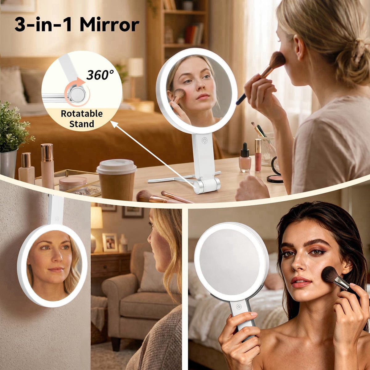 SANYCASA Travel Makeup Mirror with Lights, Rechargeable 30X/1X Double-Sided Magnifying Mirror, 64 LED 3 Color Dimmable, 
