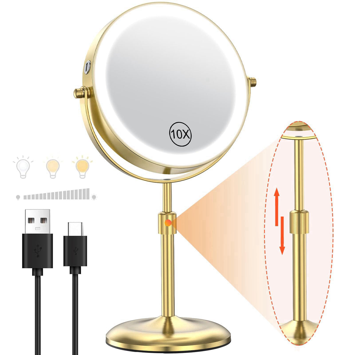 Benbilry 7" Lighted Makeup Mirror with 3 Color Lights & 10X Magnification, Adjustable Brightness & Height, 360° Swiv