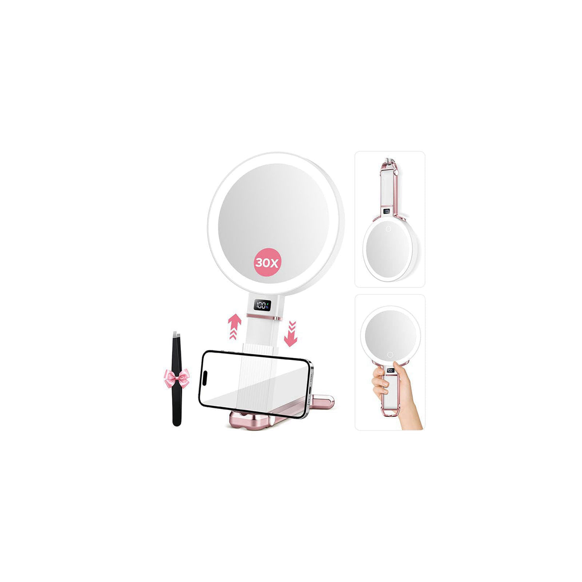 MOMOKUBA 30X Travel Magnifying Mirror with Light, Height Adjustable Vanity Mirror with Phone Holder Stand, Portable Comp
