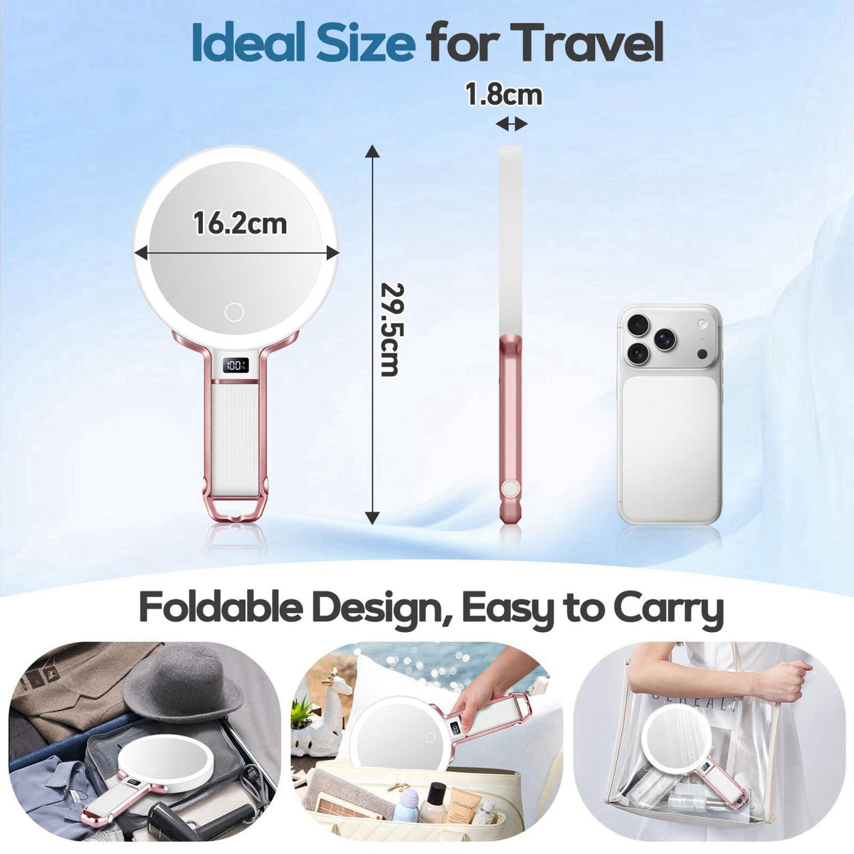 MOMOKUBA 30X Travel Magnifying Mirror with Light, Height Adjustable Vanity Mirror with Phone Holder Stand, Portable Comp