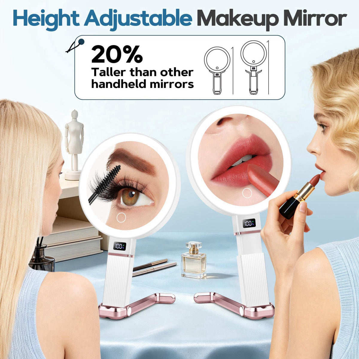 MOMOKUBA 30X Travel Magnifying Mirror with Light, Height Adjustable Vanity Mirror with Phone Holder Stand, Portable Comp