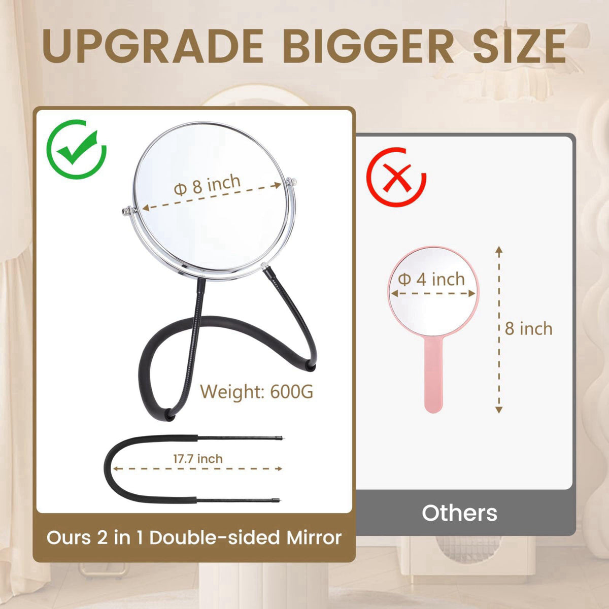 Deikoliuna Big Size Double-Sided Mirror to See Back of Head, Hands Free Adjustable Mirror Hung Around The Neck, Two Way 