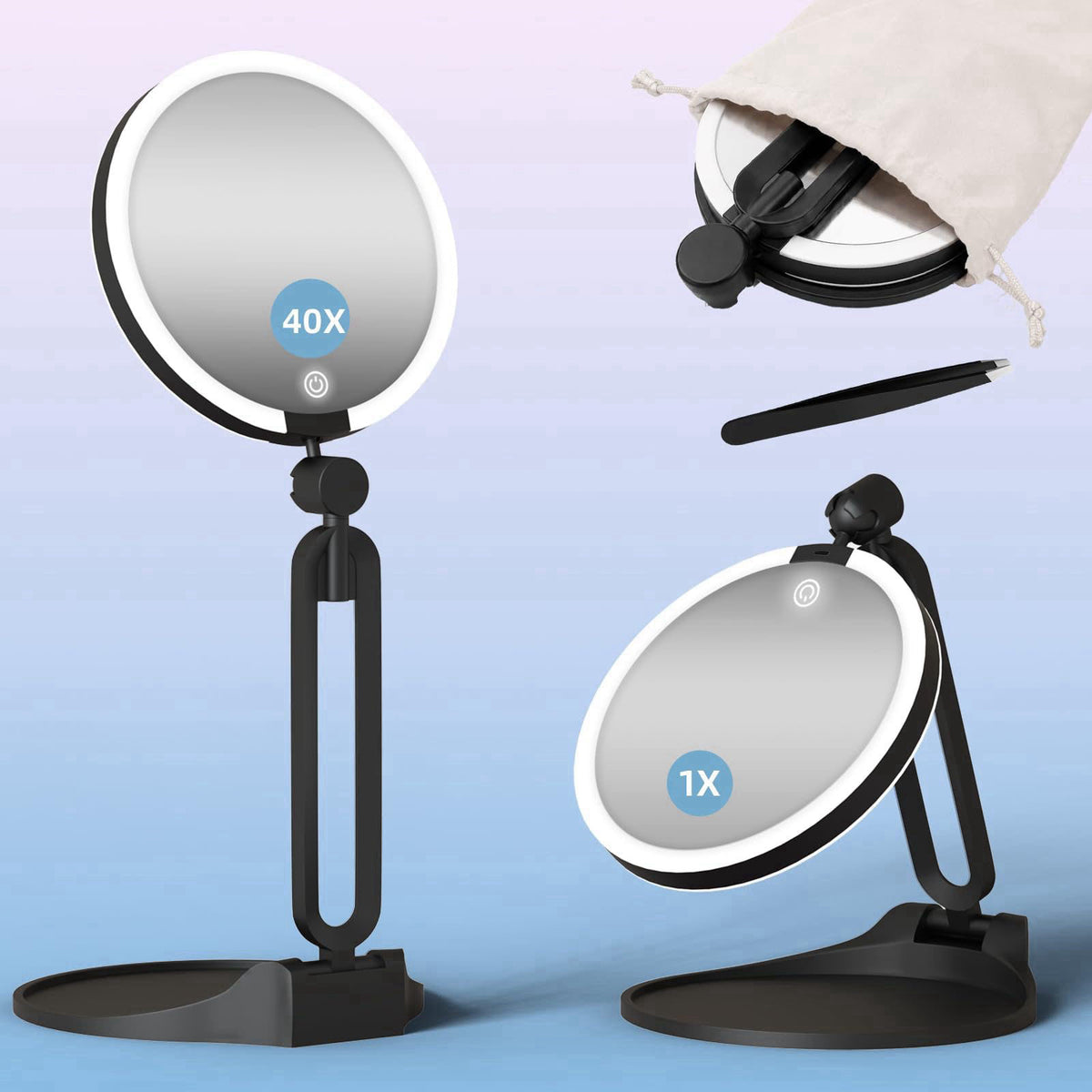 Suupvaor Double Sided 1X/40X Travel Magnifying Makeup Mirror with Light, Foldable – 40x-black, Acrylonitrile Butadiene S