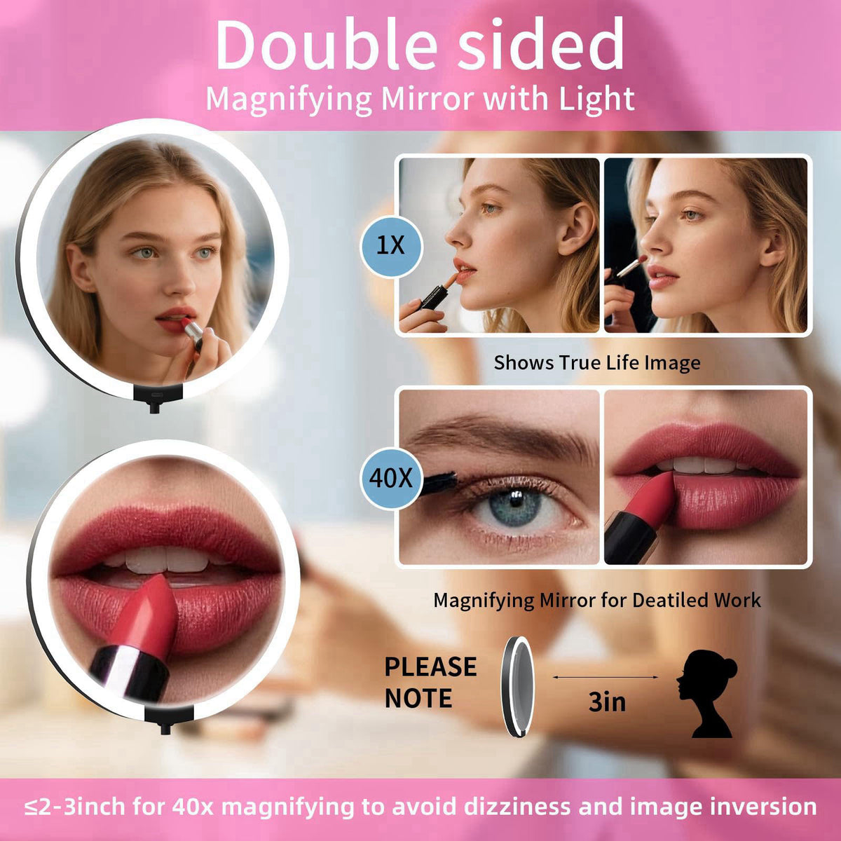 Suupvaor Double Sided 1X/40X Travel Magnifying Makeup Mirror with Light, Foldable – close-up detail in 40x-black